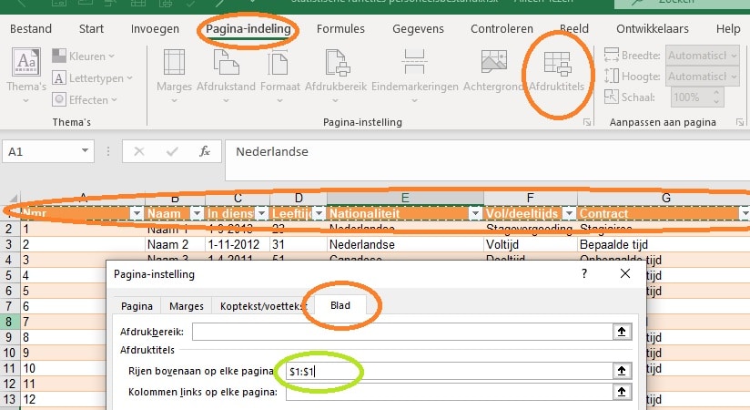 kopregels afdrukken excel